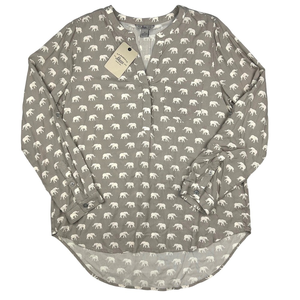 GH Bass Womens Elephant Print Henley Blouse Taupe Grey Roll Tab Sleeve Med NWT